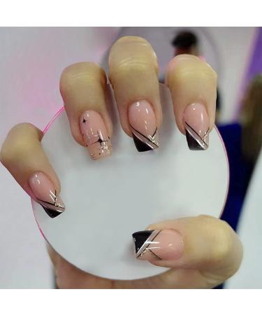 24pcs French False Nails Black Tip Stick on Nails Short Glitter Starry Press on Nails Removable Glue-on Nails Fake Nails Women Girls Nail Art Accessories 0233Y51
