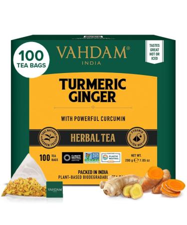 Vahdam Turmeric Ginger herbal tea bag (100 tea bags) caffeine -free |Kurkuma & Garden -fresh spices |Packed in India |Brew hot ice or kombucha tea