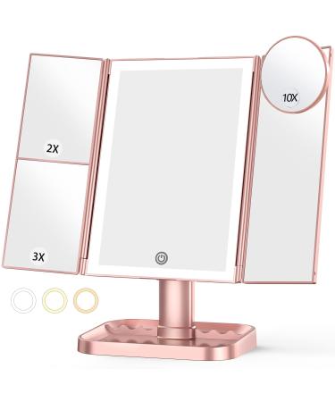 Makeup Mirror with 10X Magnifying Mirror, 3 Color Lighting, 72 LEDs Vanity Mirror with Lights, Lighted Makeup Mirror, 10x 3X 2X Magnification, Touch Control, Dual Power Supply, Gift for Her(Rose Gold)