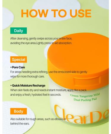 ClearDea Green Tangerine Dual Peeling Pad Korean Exfoliating Toner Pads with 4HA Complex Jeju Citrus Vinegar Oil Control Dual-Sided Texture Hydrating & Smoothing 50 Pads - Buy Online on GoSupps.com