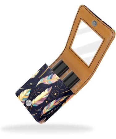 Travel Lipstick Organizer Case - Portable Makeup Bag with Mirror | Bohemian Style Feather Leaves - Shop Now - Buy Online on GoSupps.com