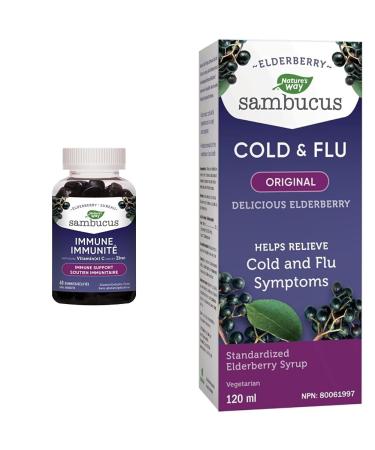 Nature's Way Sambucus Immune Original Cold and Flu Care Elderberry Gummies with Vitamin C and Zinc & Sambucus Cold and Flu Care Original Elderberry Syrup Used in Herbal