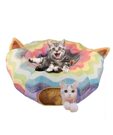 HOMEYA Cat Dog Tunnel Bed with Mat, Collapsible 3 Way Cat Tube Condo Play Toy with Peek Hole Fun Ball Indoor Outdoor Interactive Hideout Exercising House Toys for Pet Kittens Kitty Multi-colored Full-Moon