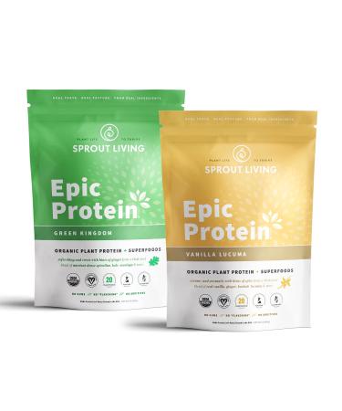 Sprout Living Epic Protein Bundle - Vanilla Lucuma & Green Kingdom (20g Organic Plant-Based Protein Powder Vegan Gluten Free Superfoods) | 1lb 12 Servings