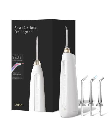Bixdo Water Flosser for Teeth Cordless Oral Irrigator Dental Water Jet Electric Tooth Flosser with 3 Jet Tips Rechargeable with Wireless Charging Base for Tavel and Home Use Daily