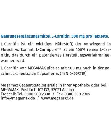 Buy Megamax L-Carnitin 500 mg - 180 Tablets | Supports Fat Metabolism & Energy | Carnipure Quality - Buy Online on GoSupps.com