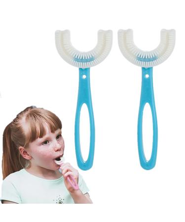 Fkxczn 2 pieces of all rounded children U-shape toothbrush 360 oral tooth cleaning brush with silicone brush head Whitening massage toothbrush U-type toothbrush for children 6-12 years old (Blau)