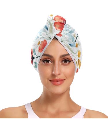 Red Flower Leaf Hair Towel 2 Pack Super Absorbent Hair Drying Towel Quick Dry Hair Turbans Head Towel with Button Twisty Wrap for Women Girls