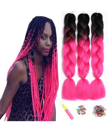 Showjarlly Kanecalon Kunsthaar Hair Kanecalon Hair Braids Extension Ombre Jumbo Braid Hair extension 24 " Kanecalon braids Box Hair Kunsthaar Hair for braid Kanecalon African Hair 61cm-24 inch (3 SPALL) Black/Ros