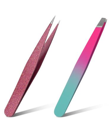 2Pcs Tweezers Slanted & Pointed Tip Eyebrow Tweezer Set - Eyebrow Tweezer for Facial Hair Women Men - Stainless Steel Professional Precision Tweezers for Grooming Plucking Shaping Chin Ingrown Hair