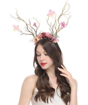 Deer Antler Flower Crown Headband - Halloween & Christmas Props - Light Brown - Buy Online on GoSupps.com