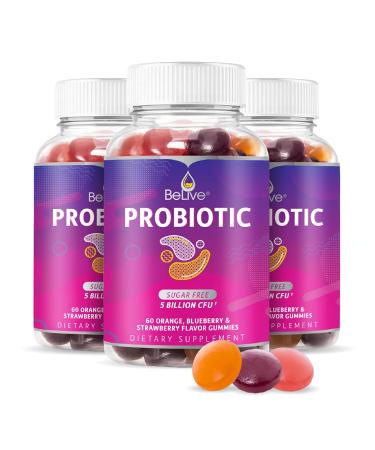 Probiotic Sugar Free Gummies - 5 Billion CFUs (Highest Strength Probiotics Gummy) Gut Digestive Support Immune System Chewable Supplement for Kids Men & Women - Mix Berries (3 Bottles)