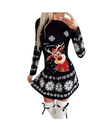 Christmas Shirts for Women Christmas Sweatshirt Pullover Dress Plaid Snowflake Print Long Sleeve Dress Casual Plus Size Dress Tunic Tops Dressy(N Black,Medium)