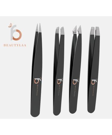Beautylaa Professional Anti-Rust Stainless Steel Tweezers for Men and Women - Precision Sharp Tweezer Set for Eyebrows and Facial Hair with Travel Case - 4 Pack - Buy Online on GoSupps.com