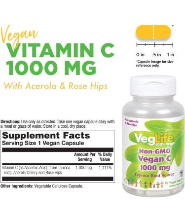 Veglife Vegan Vitamin C 1000mg Non GMO with Acerola & Rose Hips | Immune Support | 90 Vegan Capsules - Buy Online on GoSupps.com