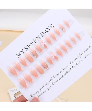 24Pcs French Tip Press on Nails - Medium Length Glossy Coffin Fake Nails with Flower Gems & Bow Designs - Pink Acrylic Full Cover Nail Decor Kits for Women - Easy Glue-On Manicure - Buy Online on GoSupps.com