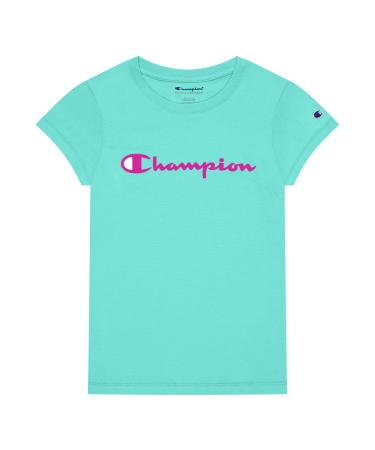 Champion Girls Heritage Short Sleeve Script Logo Tee Shirt Big and Little Girls (Large, Light Sea Green)