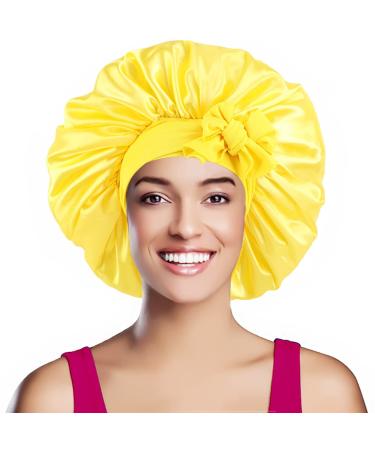VEABEST Satin Bonnet Silk Bonnet Adjustable Bonnet for Sleeping Jumbo Satin Bonnet With Tie Band for long Curly Braid Hair (Yellow)