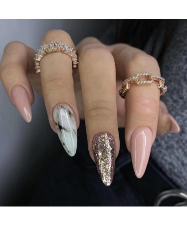 JUSTOTRY 24 Pcs Marble Stiletto False Nails Short Pattern Nude French Press on Nails Glitter Fake Nails Short with Nail Glue Trendy Almond Stick on Nails for Women Nails Fake Nail for Nails Art nude&Marble 1 - Buy Online on GoSupps.com