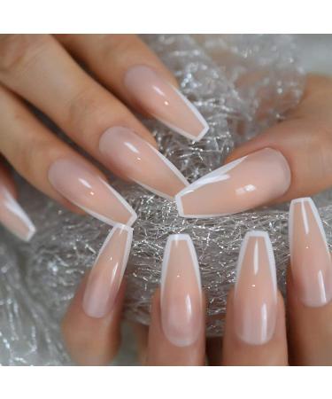 CoolNail Glossy White French Press on False Nails Extra Long Coffin Ballerina Shape UV Gel Nude Fingersnails Free Adhesive Tapes 24pcs L5634