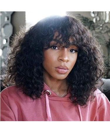 Amella Hair 10A Curly Wave Human Hair Wigs with Bangs Brazilian Virgin Curly None Lace Front Wigs Human Hair Bangs Glueless Half Machine Made Wig Natural Black Color (16 inch) 16 Inch Curly Wig with Bangs