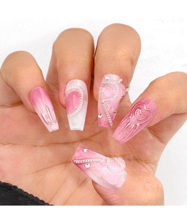 Sethexy Long Coffin False Nails - Handmade Glittering 3D Crystal Heart Chain Press-On Acrylic Nails for Women & Girls - Perfect for International Shipping - Buy Online on GoSupps.com