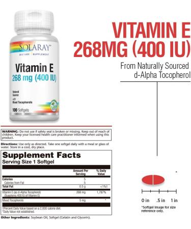 SOLARAY Vitamin E 400 IU | Heart & Skin Health Antioxidant Support | 100ct Softgels - Buy Online on GoSupps.com