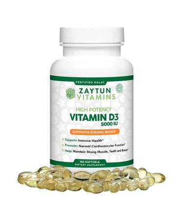Zaytun Halal Vitamin D3 5000 IU 180 Mini Softgels Supports Bones Healthy Muscle Function & Immune Premium Vitamin D from Safflower Oil 6 Months Supply Non-GMO Gluten-Free Made in USA