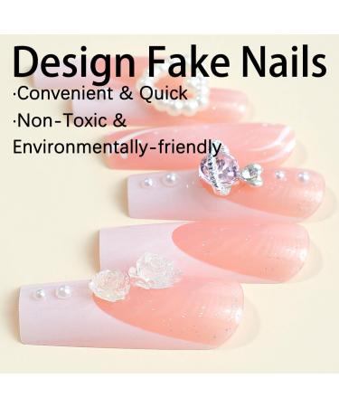 24 Pcs Long Square Press on Nails - French Tip Fake Nails with 3D Rhinestone - Sweet Pink Full Cover Acrylic Nail Tips for Women & Men - Stunning Manicure Decorations - Buy Online on GoSupps.com