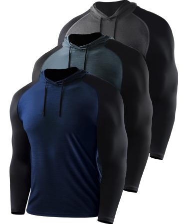 CADMUS Men's Workout Long Sleeve Fishing Shirts UPF 50+ Sun Protection Dry Fit Hoodies Medium 102# Dark Grey Dark Green Navy Blue Pack of 3
