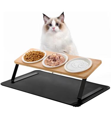 Otoomenz 3PCS Cat Bowl Ceramic Cat Food Bowls With 15 Tilted Wood Stand Raised Cat Bowls for Food and Water Bamboo Cat Feeding Station with Cat Food Mat for Cats and Puppy 3 PCS Bowls
