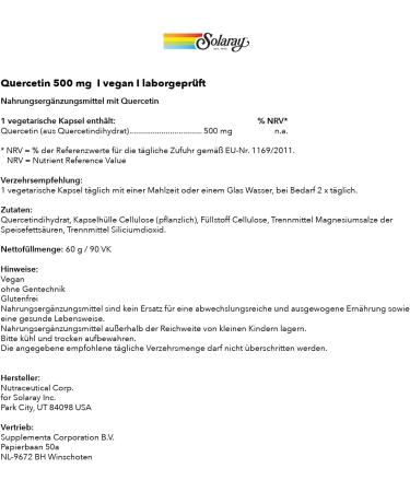 Buy Solaray Quercetin 500mg Capsules | 90 Vegan Gluten-Free Supplements | Boost Vitamin C Absorption | Lab Tested & Non-GMO - Buy Online on GoSupps.com