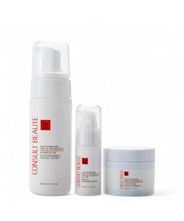 Consult Beaute - MICROBIOME Skin Barrier Moisture Balancing Skin Care Trio - Serum Concentrate Hydrating Facial Cream & Kombucha Face Wash - For All Skin Types - Lightweight - For Women and Men