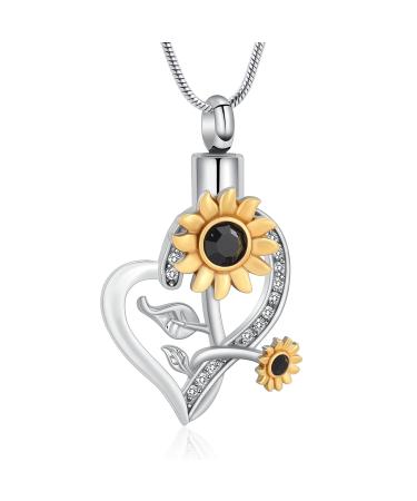 AIWENXI Sunflower Cremation Jewelry Heart Crystals Urn Necklace for Ashes for Women Human Ashes Pendant Pet Keepsake Memorial Jewellery Black