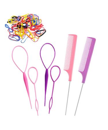 Topsy Tail Hair Tools, 106pcs Hair Styling Tools for Girls, 2pcs Rat Tail Comb 4pcs French Braiding Tool Hair Loop Styling Tool, 100 Colored Children Rubber Bands for Children Girls