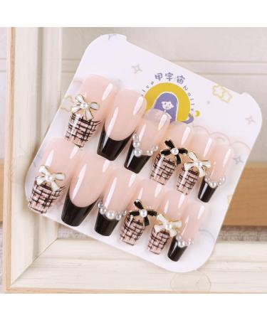French Tip Press on Nails - Long T Press On Nails with Nail Tips Bowknot Diamond Chain Design Black and white line checkered false nails press on nails Acrylic False Nails Cute Artificial Nails