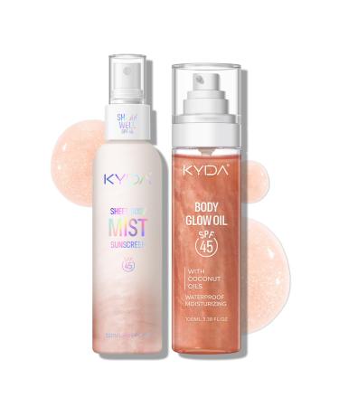 KYDA Glow Sunscreen Kit Includes SPF 45 Body Glow Oil + Sheer Body Sunscreen Spray Summer Beach Essentials Gift Set Water Resistant Moisturizing ROSE