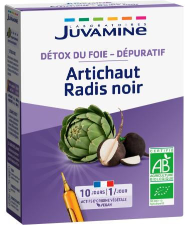 JUVAMINE - Artichaut Radis Noir - Detox du foie - D puratif Bien- tre du foie - D toxification - Confort Intestinal - 10 ampoules x 10 ml - Programme 10 jours- Certifi BIO - Fabriqu en France