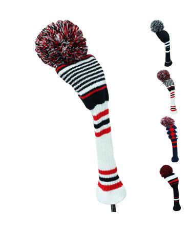 Golf Head Covers Knitted Woods Driver Fairway Hybrid Pom Pom Cover Washable Soft Kint Headcover 1 3 5 for Men Women Kids Sold in Separate #5 Hybrid White&Black&Red Stripes