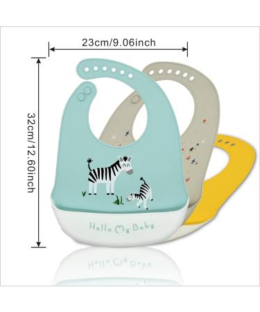 Baogaier Silicone Baby Bibs - 3 Pack Waterproof Easy Clean Feeding Bibs for Toddlers & Kids - Animal Designs in Blue/Grey/Yellow - Buy Online on GoSupps.com