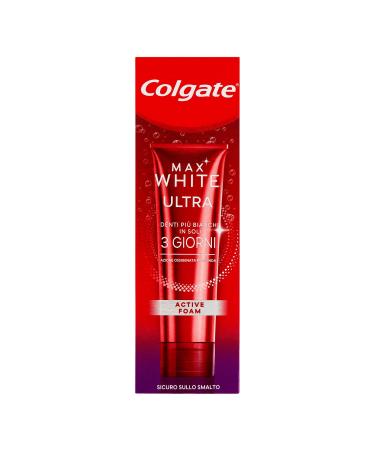 Colgate toothpaste bleaching agent Max White Ultra Active Foam whiter teeth in just 3 days oxygenated effect with deep absorption clinically tested 50 ml
