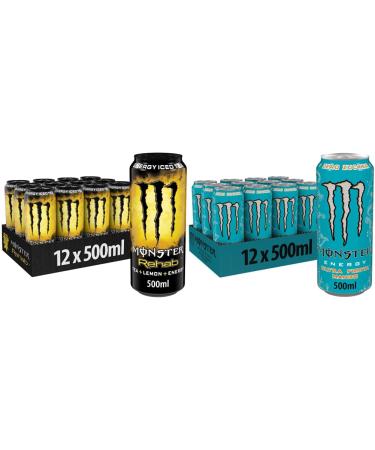 Monster Energy Rehab Lemon - disposable doses (12 x 500 ml) & Ultra Fiesta - caffeinated energy drink with a slight mango taste - without sugar and without calories - disposable doses (12 x 500 ml) bundle with Monster Energy Ultra Fiesta