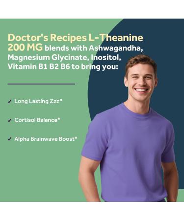Doctor's Recipes L-Theanine 200 mg Magnesium Glycinate Ashwagandha Inositol Vitamin B6 B1 B2 Calm Relaxation Mood Cortisol Manager Nerve Focus Sleep Aid Quality No Drowsiness Vegan 90 Capsules - Buy Online on GoSupps.com