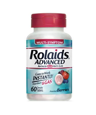 Rolaids Advanced Antacid Plus Anti-Gas 60 Chewable Tablets  Assorted Berry  Heartburn and Gas Relief