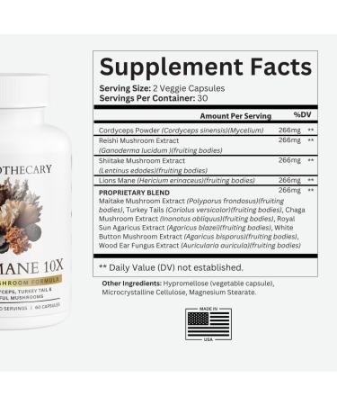 Dear Apothecary Lions Mane 10x Mushroom Supplement - Reishi Cordyceps Chaga Turkey Tail - Nootropic Brain Health Immune Support Energy Focus - Functional Mushroom Blend - Vegan Non-GMO - 60 Capsules - Buy Online on GoSupps.com