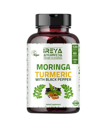 Organic Moringa Oleifera Powder & Turmeric Root Powder with Blackpepper 120 Capsules | Made with Organic Moringa Turmeric and Black Pepper | Vegan Gluten-Free and Non-GMO.
