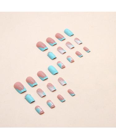 Blue Butterfly Rhinestone French Tip Press On Nails - Square False Nails for Women - Spring/Summer Medium Acrylic Stick On Nails - Buy Online on GoSupps.com