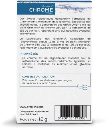 GRANIONS | Chromium | Normal metabolism of macronutrients (sugars & fats) and maintenance of normal blood sugar | Chromium 250 g | For the whole family | Made in France | 2x60 Tablets - Buy Online on GoSupps.com
