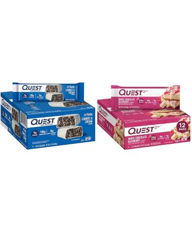 Quest Cookies & Cream and White Chocolate Raspberry Protein Bars Bundle 18-20g Protein 1g Sugar Gluten Free Keto Friendly 12 Count