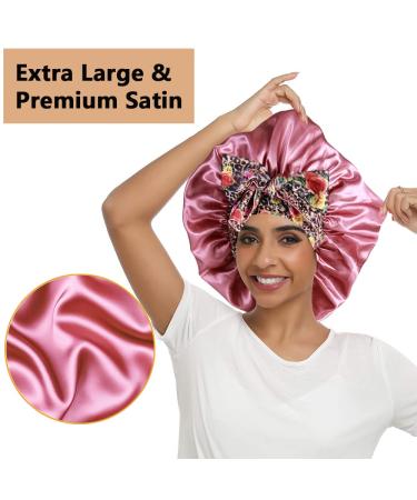 2pcs Large Silk Bonnets with Tie Band for Sleeping Curly Hair - A-black & Rose Gold - Buy Online on GoSupps.com